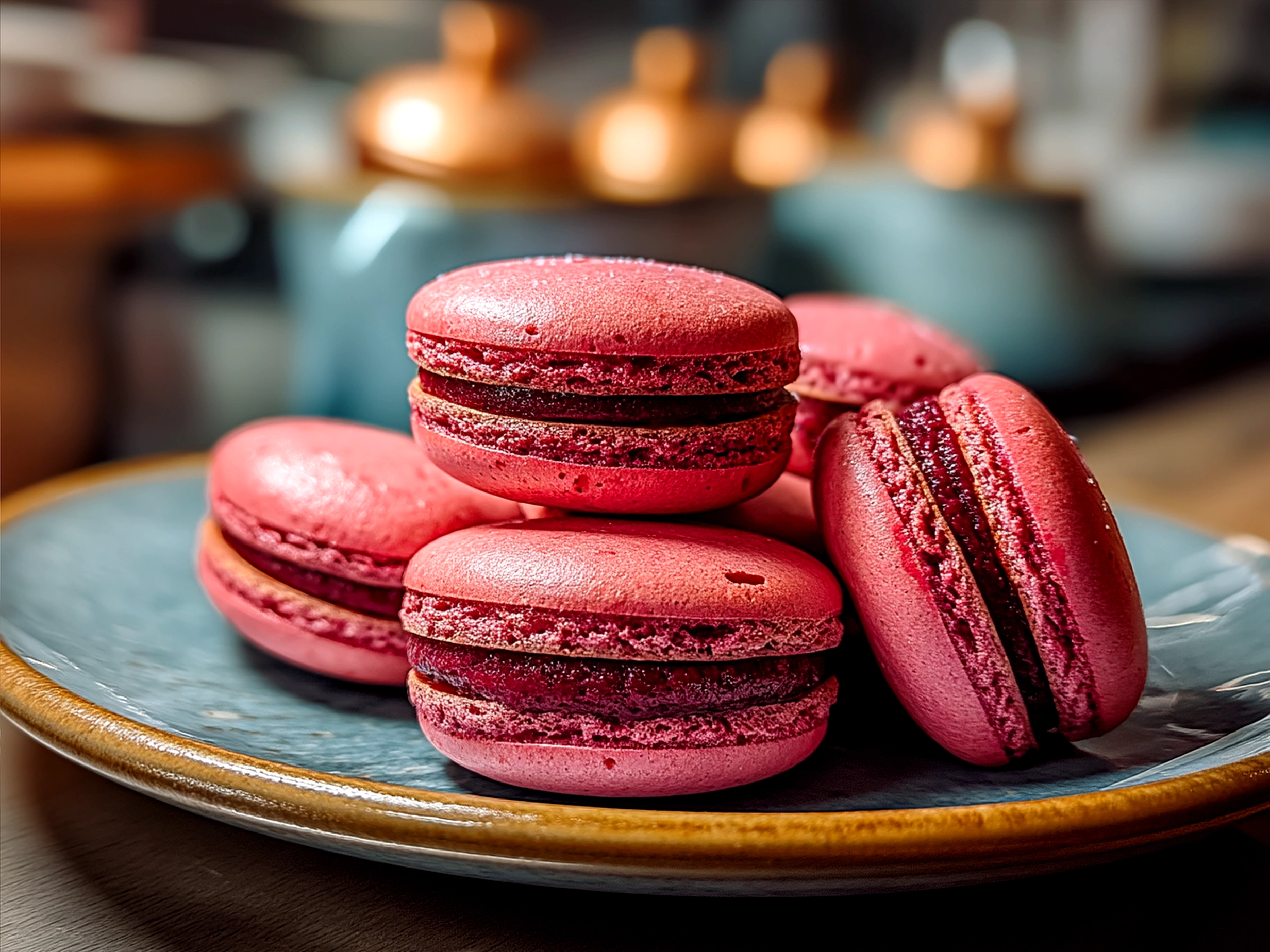 Finished Beet Macarons served beautifully on a white plate