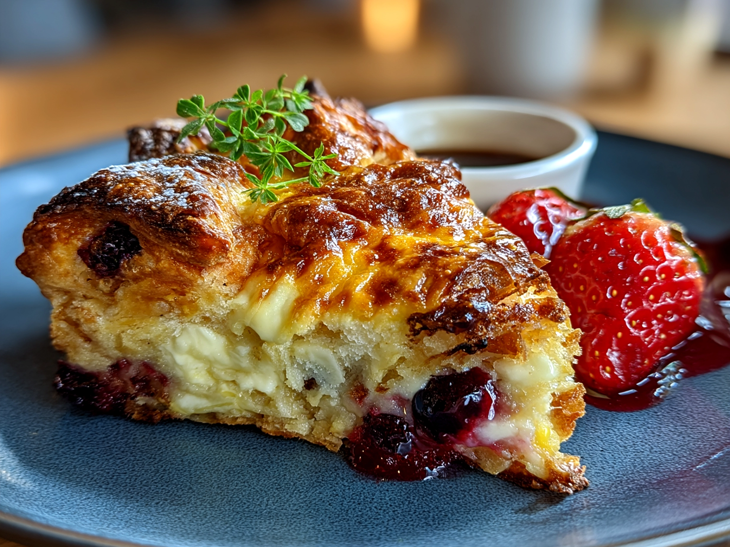 Serving suggestion of Berry Croissant Breakfast Bake on a breakfast table