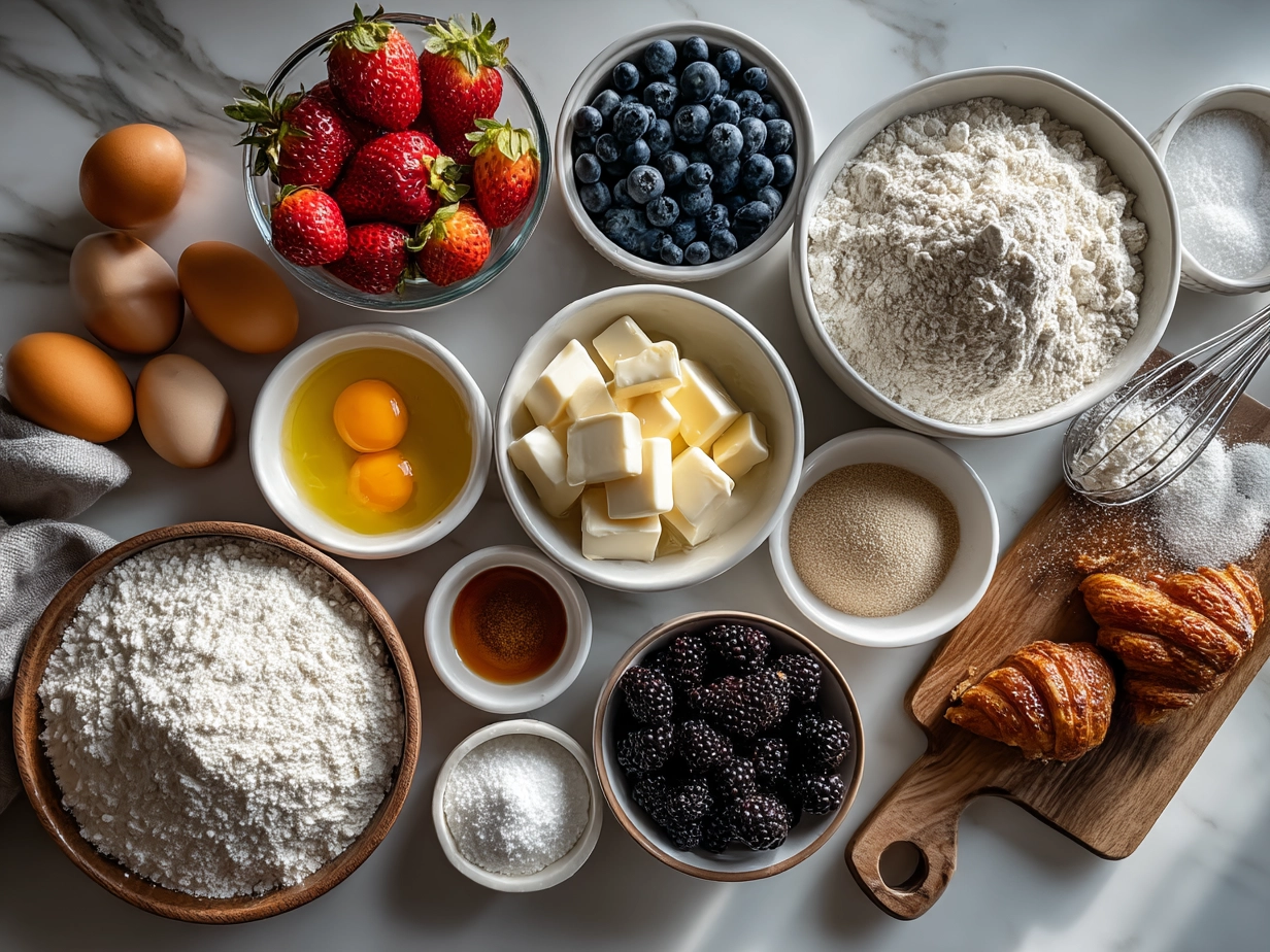 Ingredients for Berry Croissant Breakfast Bake including croissants, berries, eggs, and spices