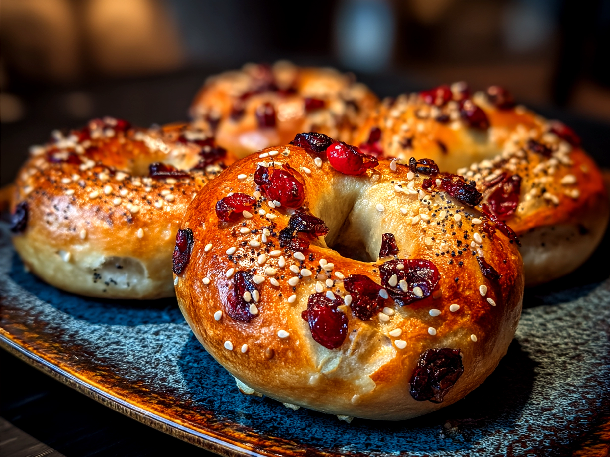 Freshly baked blueberry bagels served on a rustic plate ready to enjoy