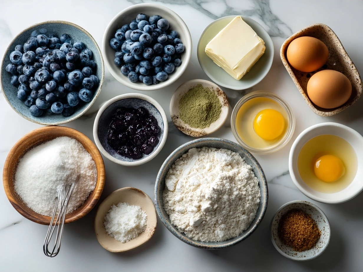 Ingredients for making blueberry bagels including bread flour, yeast, salt, sugar, blueberries, and lemon zest