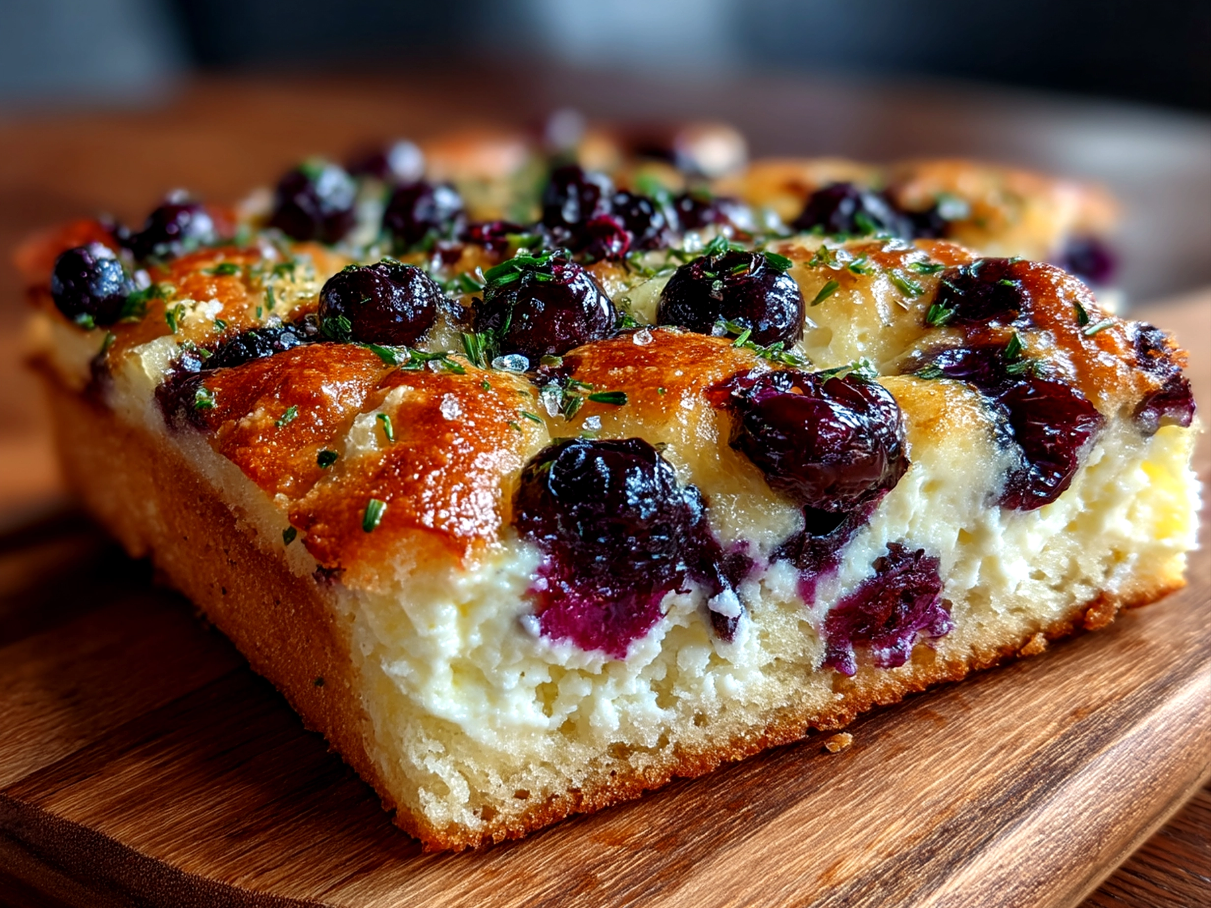 Blueberry Cheesecake Danish Sourdough Focaccia freshly baked and served on a plate