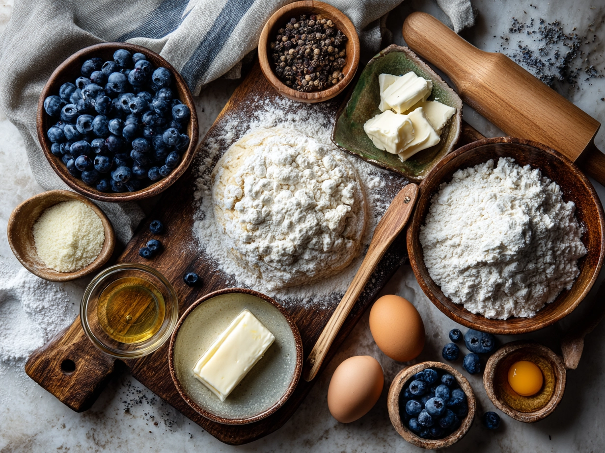 Ingredients for Blueberry Cheesecake Danish Sourdough Focaccia including fresh blueberries, sourdough starter, cream cheese, and flour