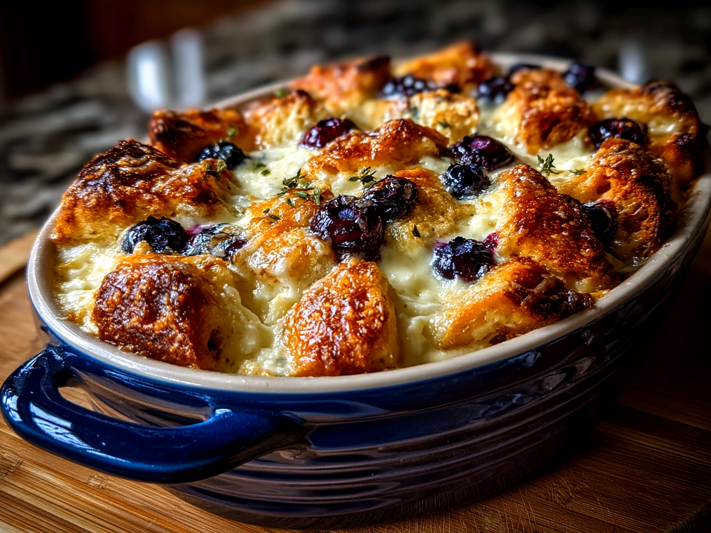 Serving of Blueberry Cream Cheese Croissant Casserole garnished with powdered sugar