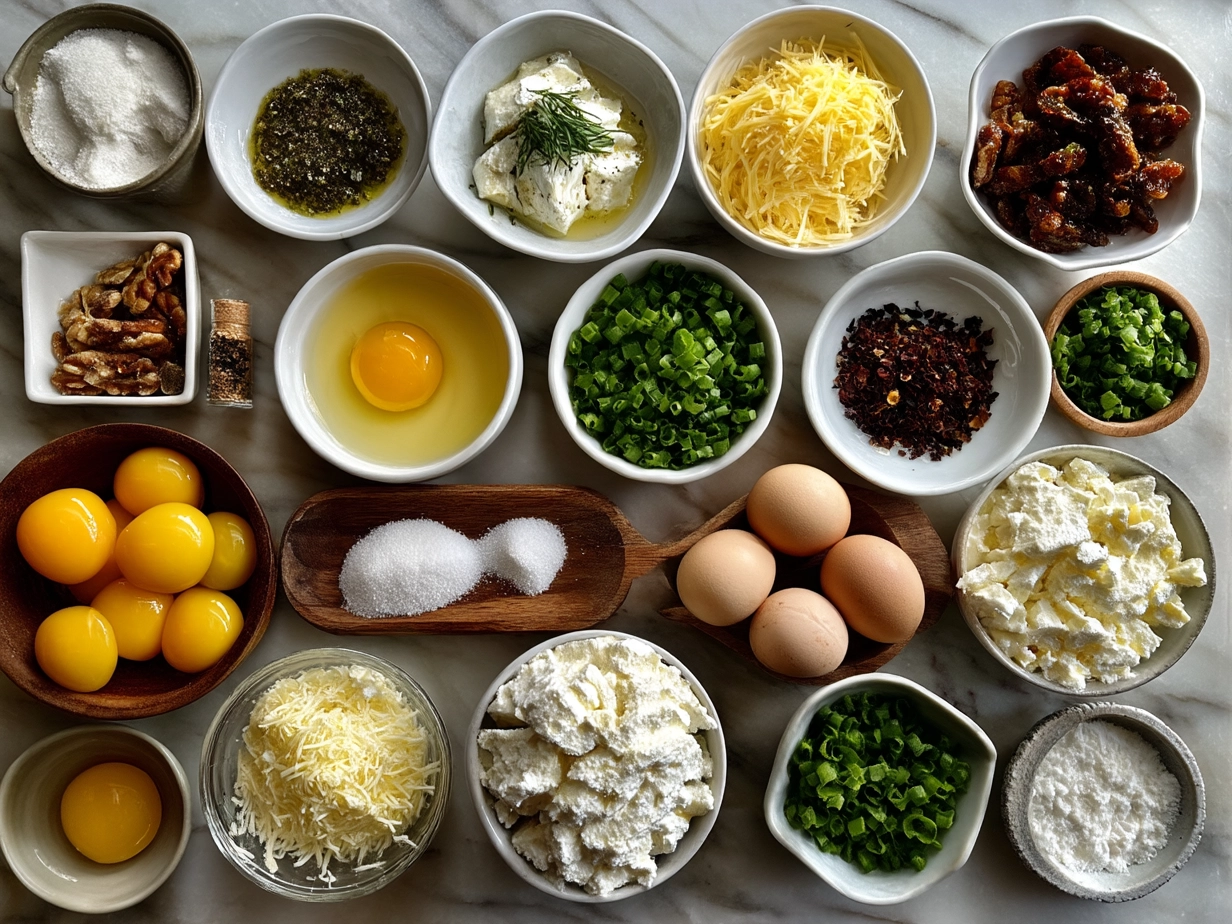 Ingredients for making Boursin Cheese spread: fresh herbs, garlic, lemon and Boursin Cheese