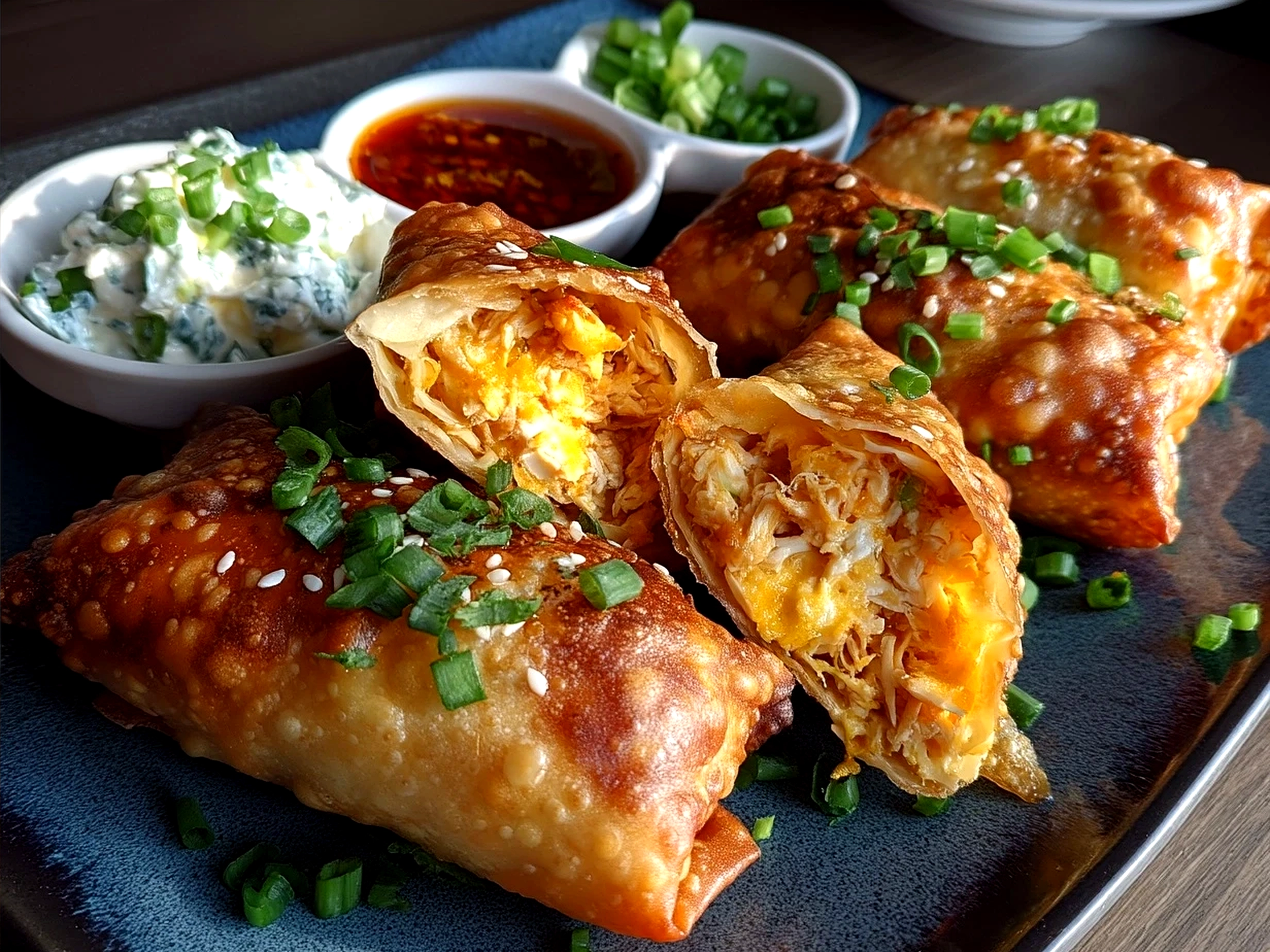 Plated Buffalo Chicken Dip Egg Rolls served with blue cheese dressing and fresh celery sticks