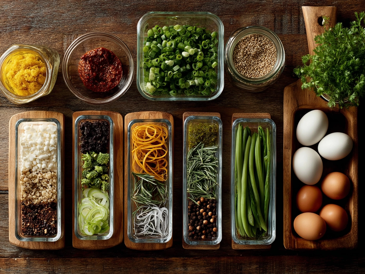 Ingredients laid out for Buffalo Chickpea Wraps including chickpeas, buffalo sauce, spices, and fresh vegetables
