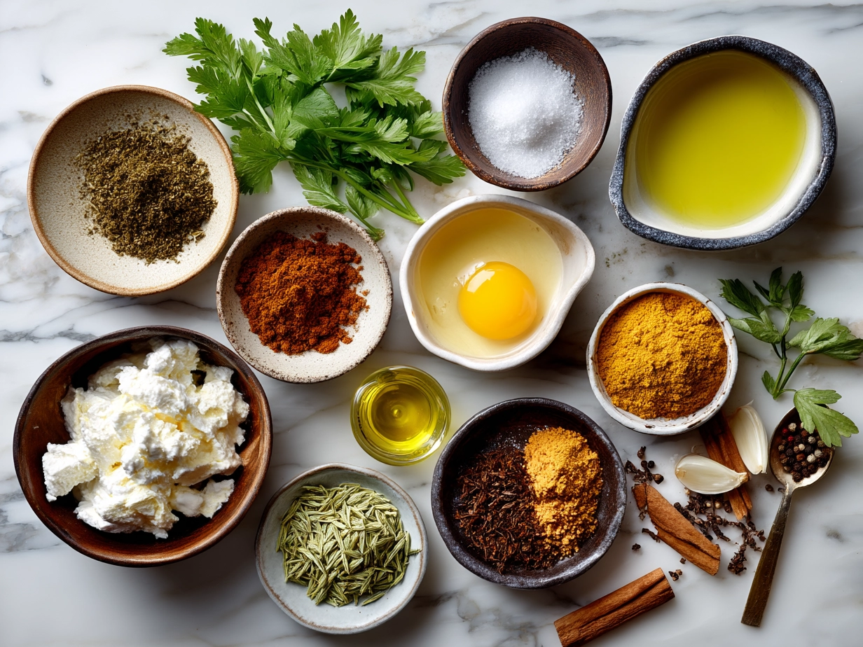 Fresh ingredients for making Butter Chicken including spices, chicken thighs, yogurt, and cream
