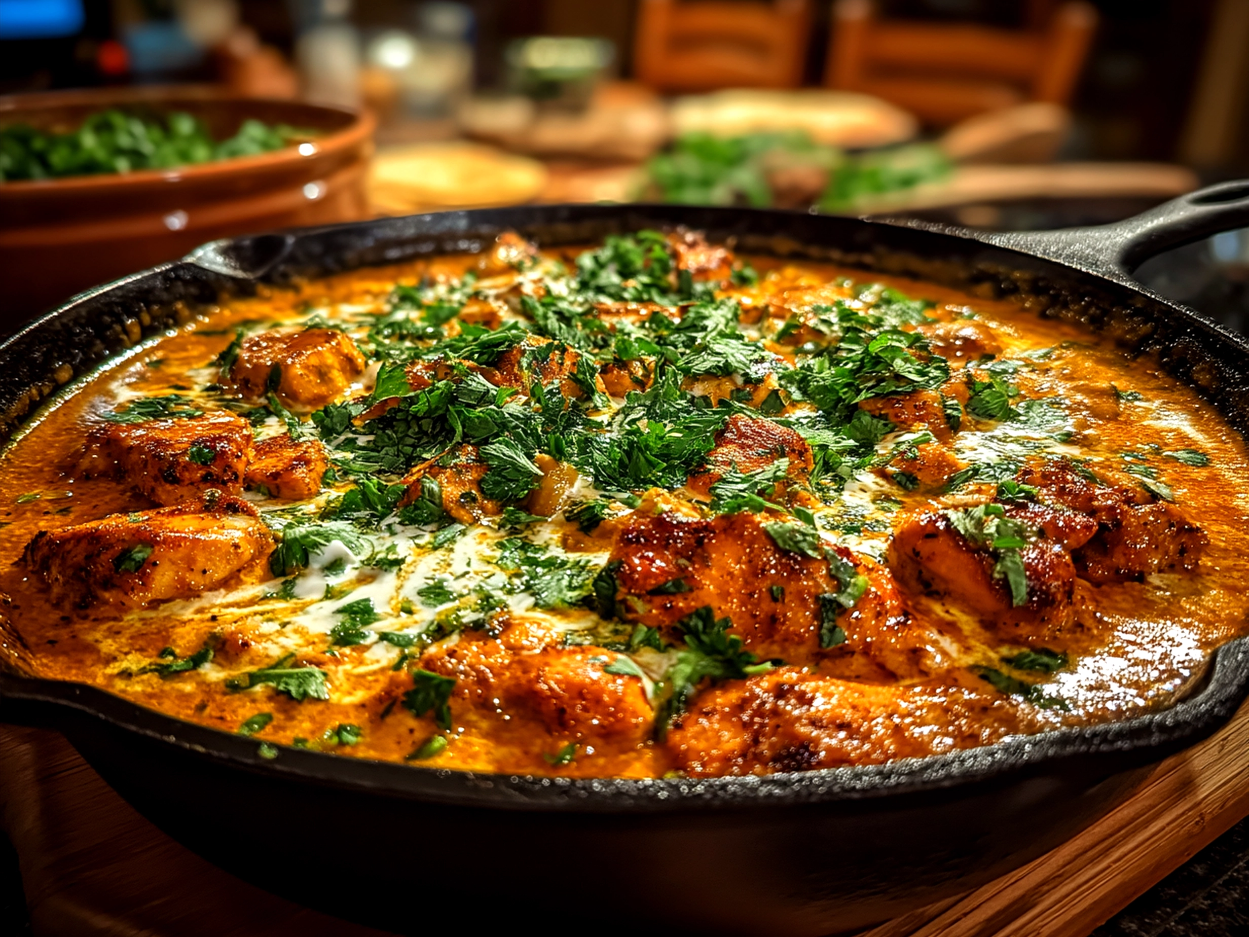 Serving Butter Chicken Skillet with rice and herbs