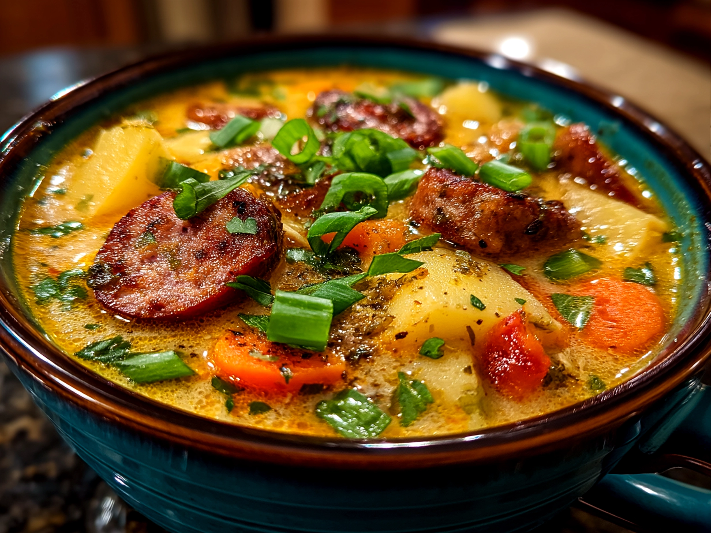 Bowl of creamy Cajun Potato Soup with Andouille Sausage garnished with chopped green onions and cheese