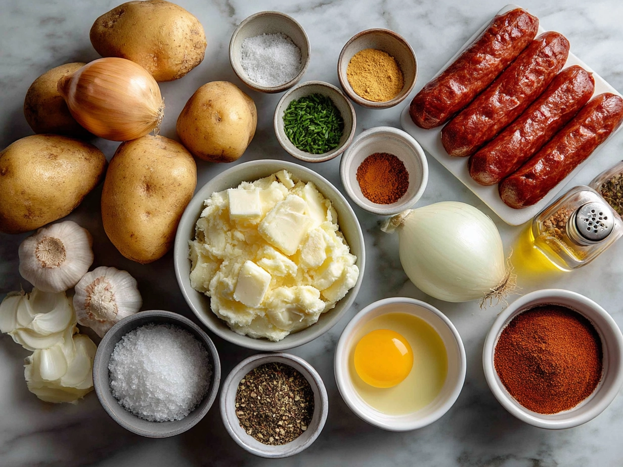 Ingredients laid out for Cajun Potato Soup with Andouille Sausage including potatoes, Andouille sausage, onions, bell peppers, celery, broth and seasonings