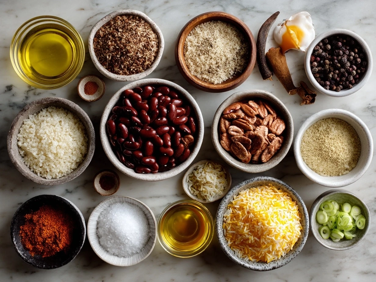 Ingredients for Cajun Red Beans Rice laid out on a kitchen counter