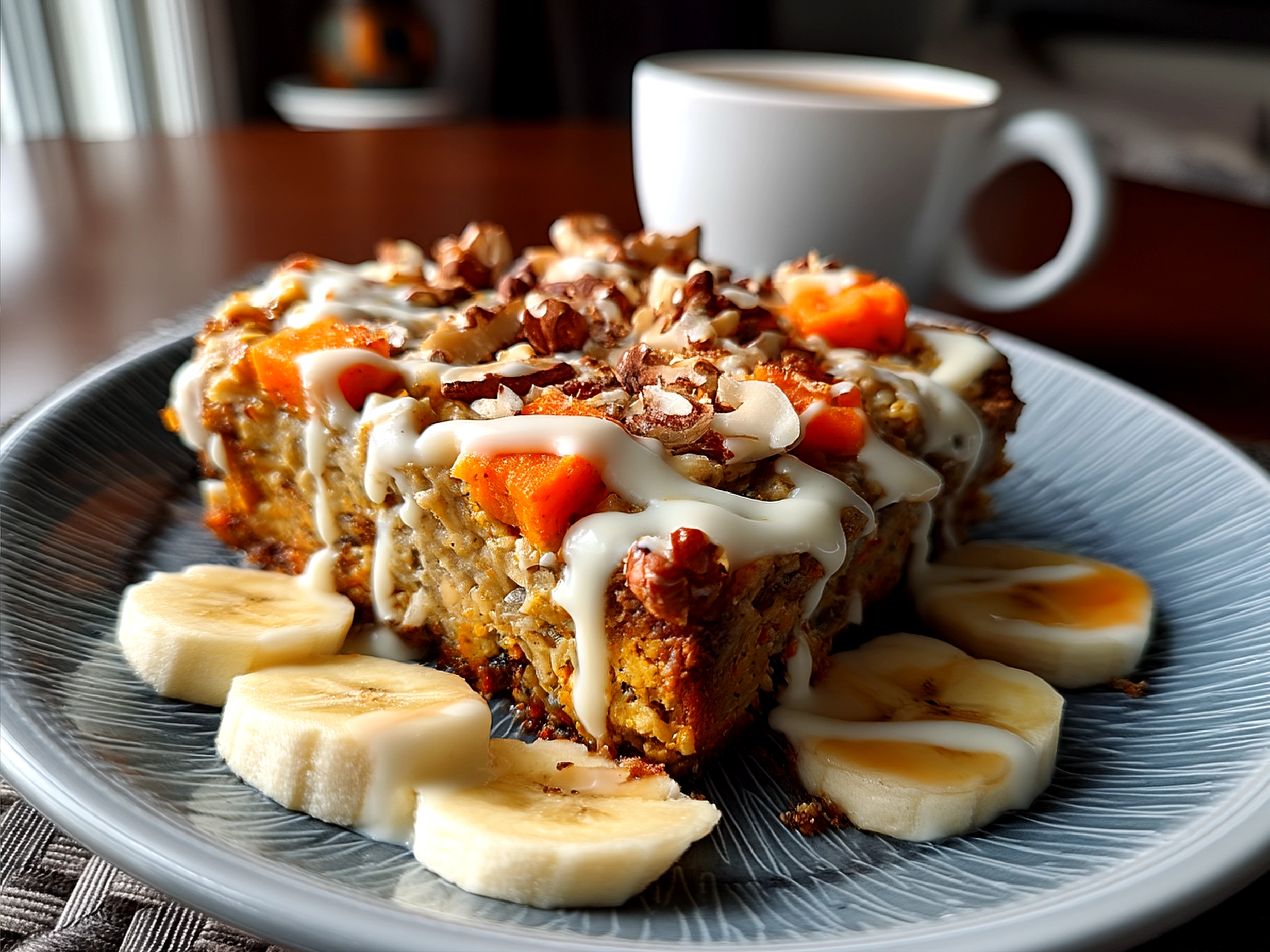 Served Carrot Cake Baked Oatmeal with nuts and spices, ready to enjoy