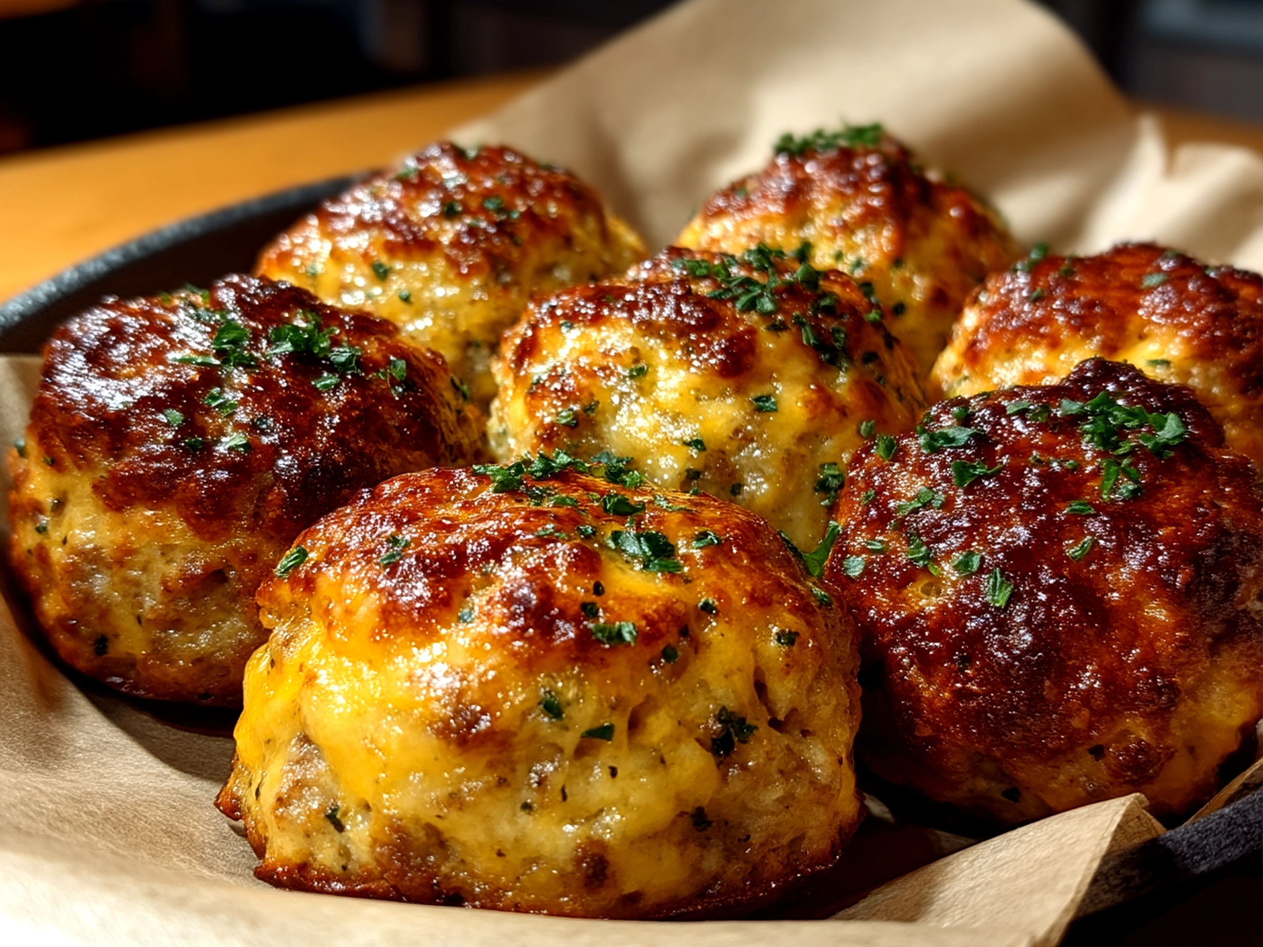 Serving platter of freshly baked Cheddar Bay Sausage Balls garnished with parsley