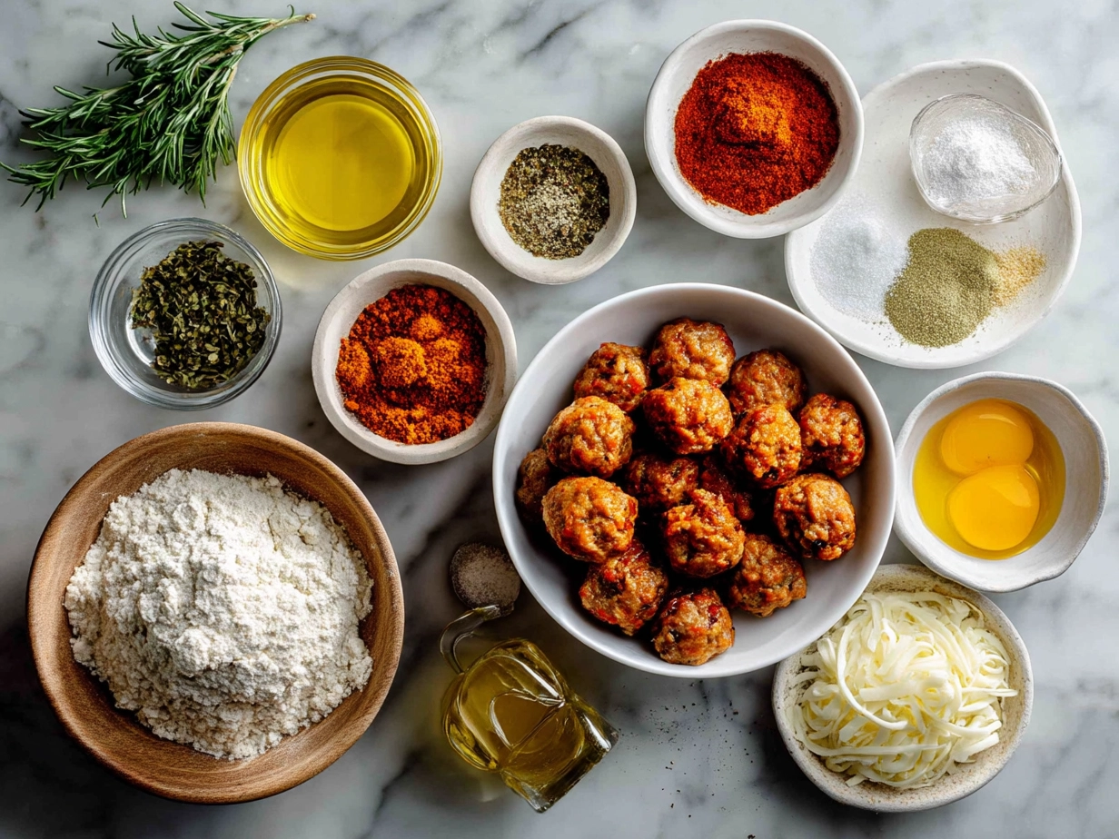 Ingredients for Cheddar Bay Sausage Balls including cheddar cheese, sausage, and seasonings
