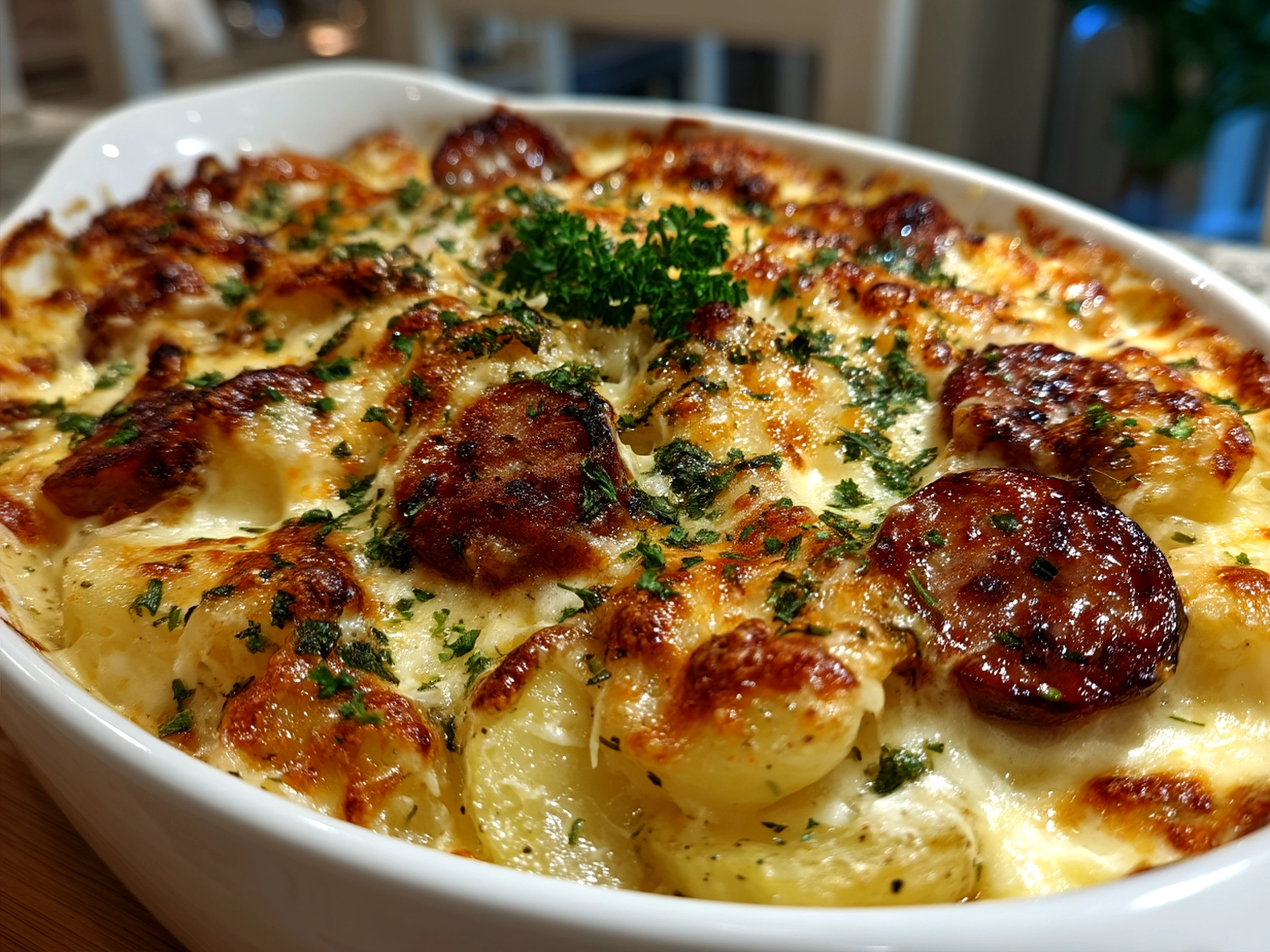 Serving dish of Cheesy Ranch Potatoes and Smoked Sausage garnished with green onions