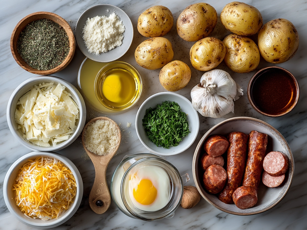 Ingredients for Cheesy Ranch Potatoes and Smoked Sausage including potatoes, smoked sausage, cheese, and seasoning