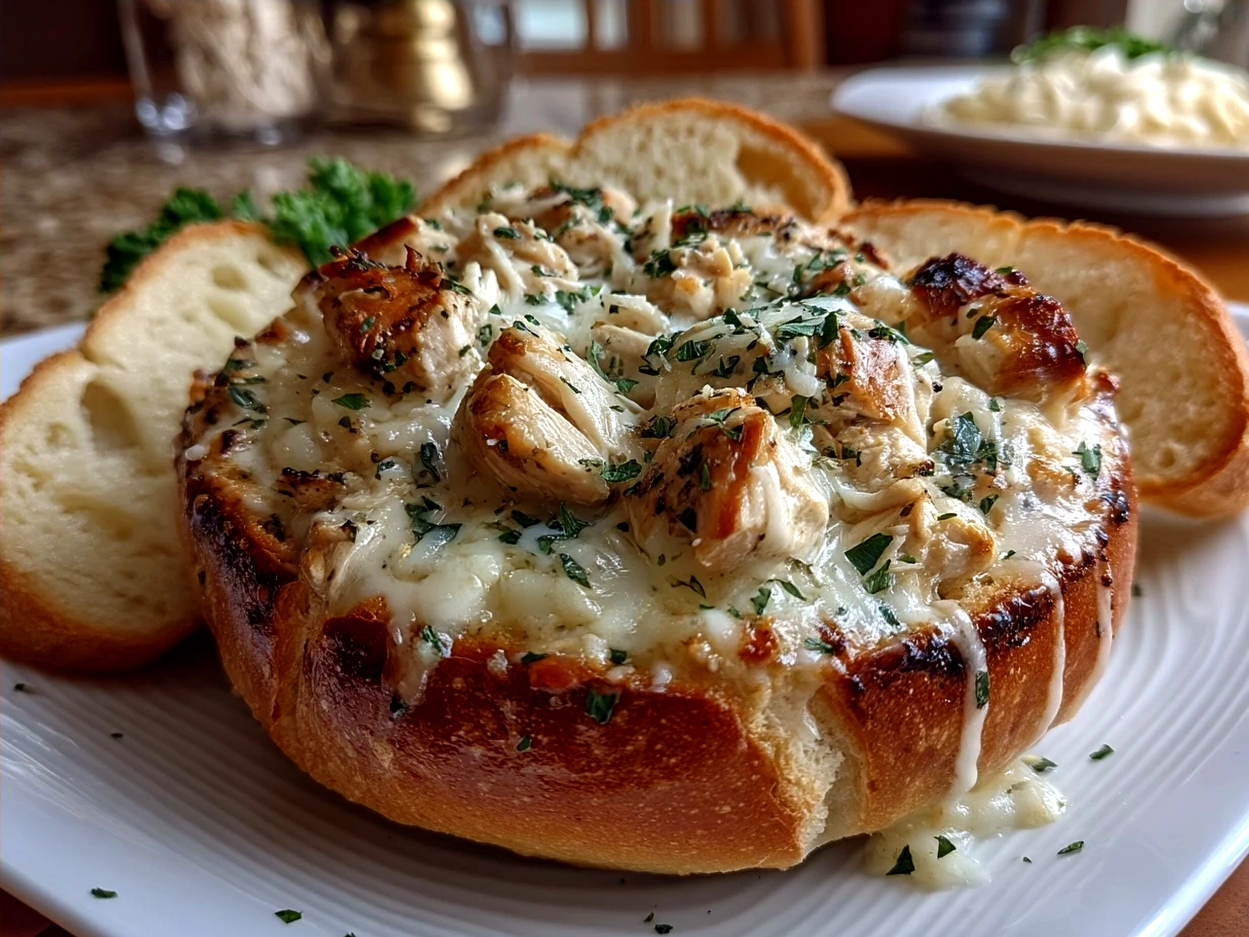 Serving Chicken Alfredo Garlic Bread Bowls garnished with fresh parsley on a rustic wooden table