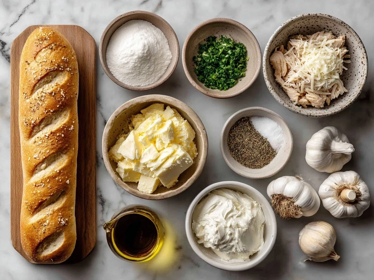 Ingredients for Chicken Alfredo Garlic Bread Bowls including sourdough bread, chicken, cream, Parmesan, and garlic