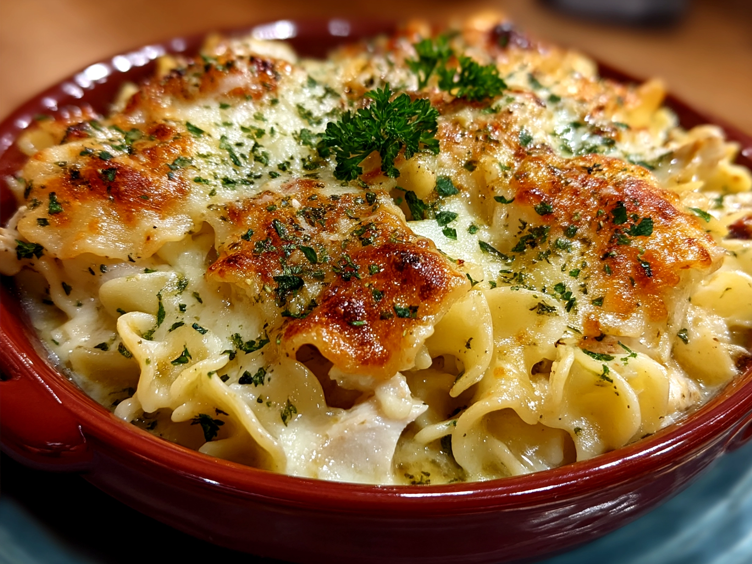 A bowl of creamy Chicken Alfredo Lasagna Soup garnished with fresh herbs and Parmesan cheese