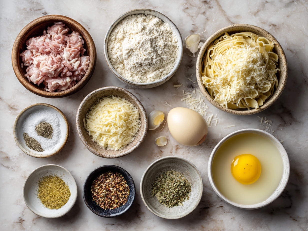 Ingredients laid out for Chicken Alfredo Lasagna Soup including chicken, noodles, herbs, milk, cream, and parmesan cheese