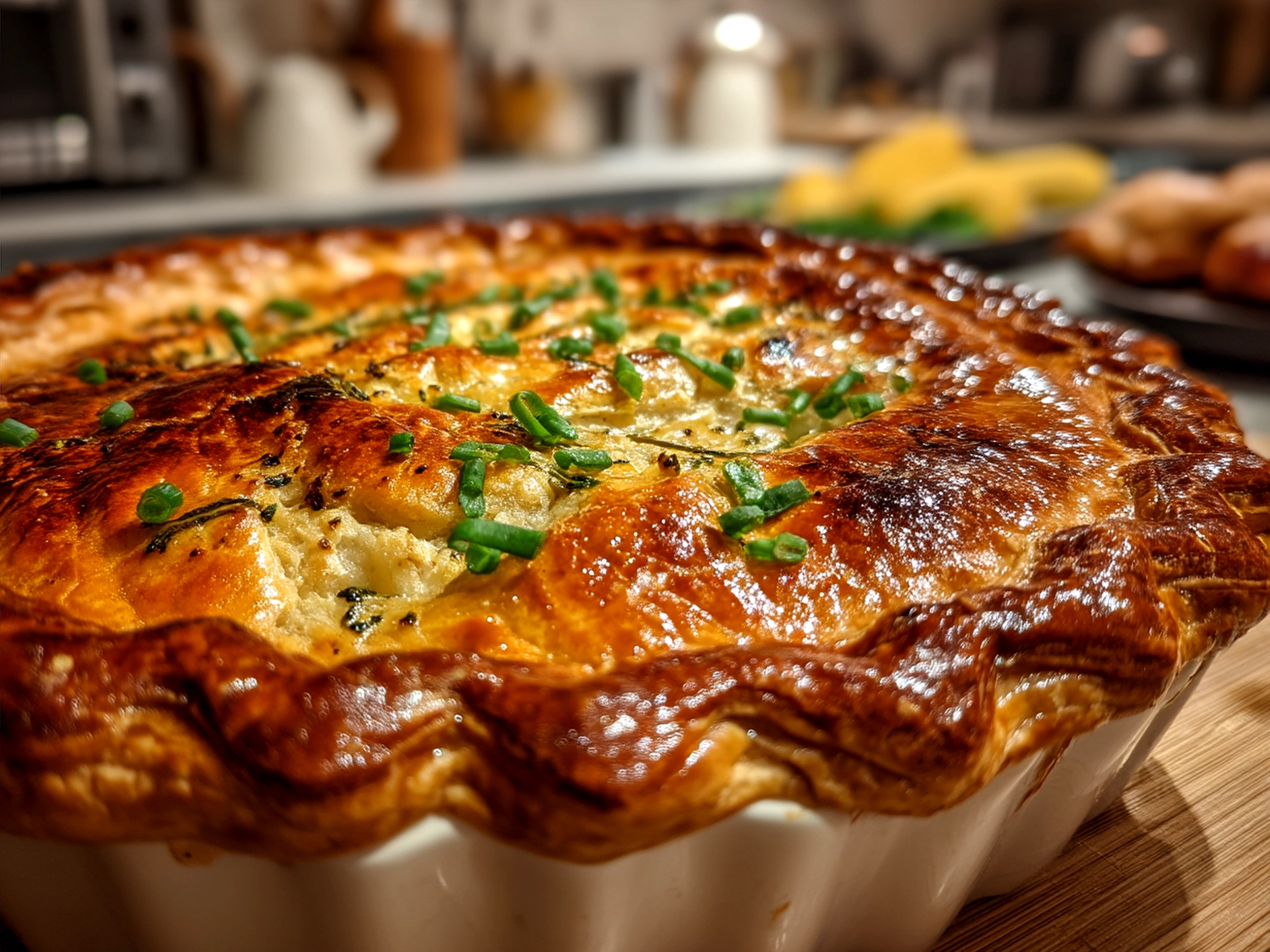Serving Chicken and Leek Pie with side salad and vegetables on a plate