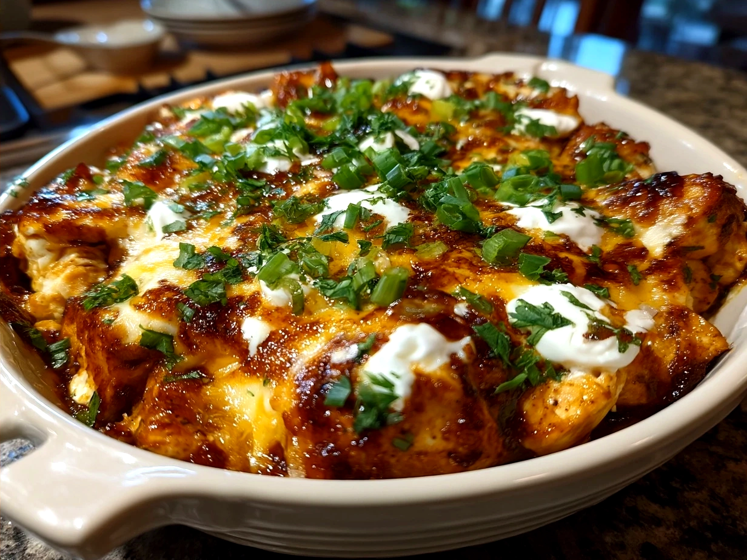A vibrant serving of Chicken Enchilada Bowls garnished with avocado, cilantro, and lime wedges