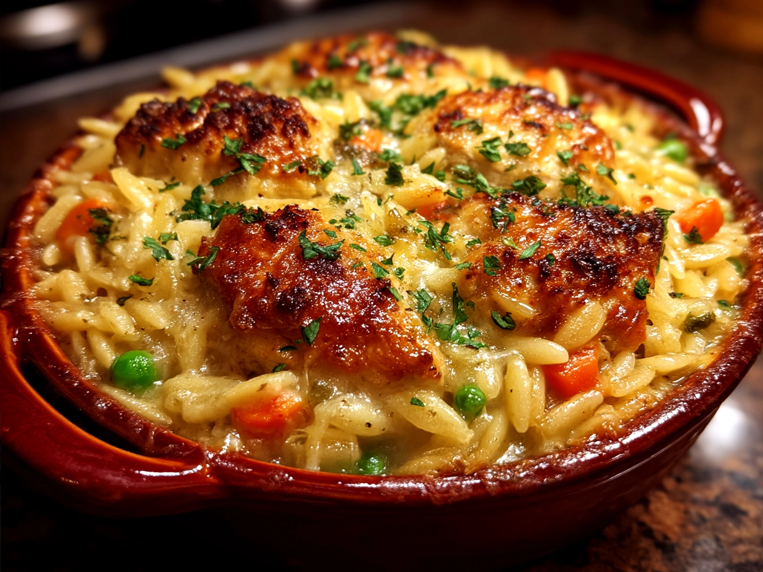 Served Chicken Pot Pie Orzo in a rustic bowl garnished with fresh parsley