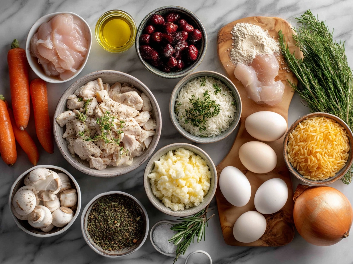 Ingredients for Chicken Pot Pie Orzo laid out on a kitchen counter