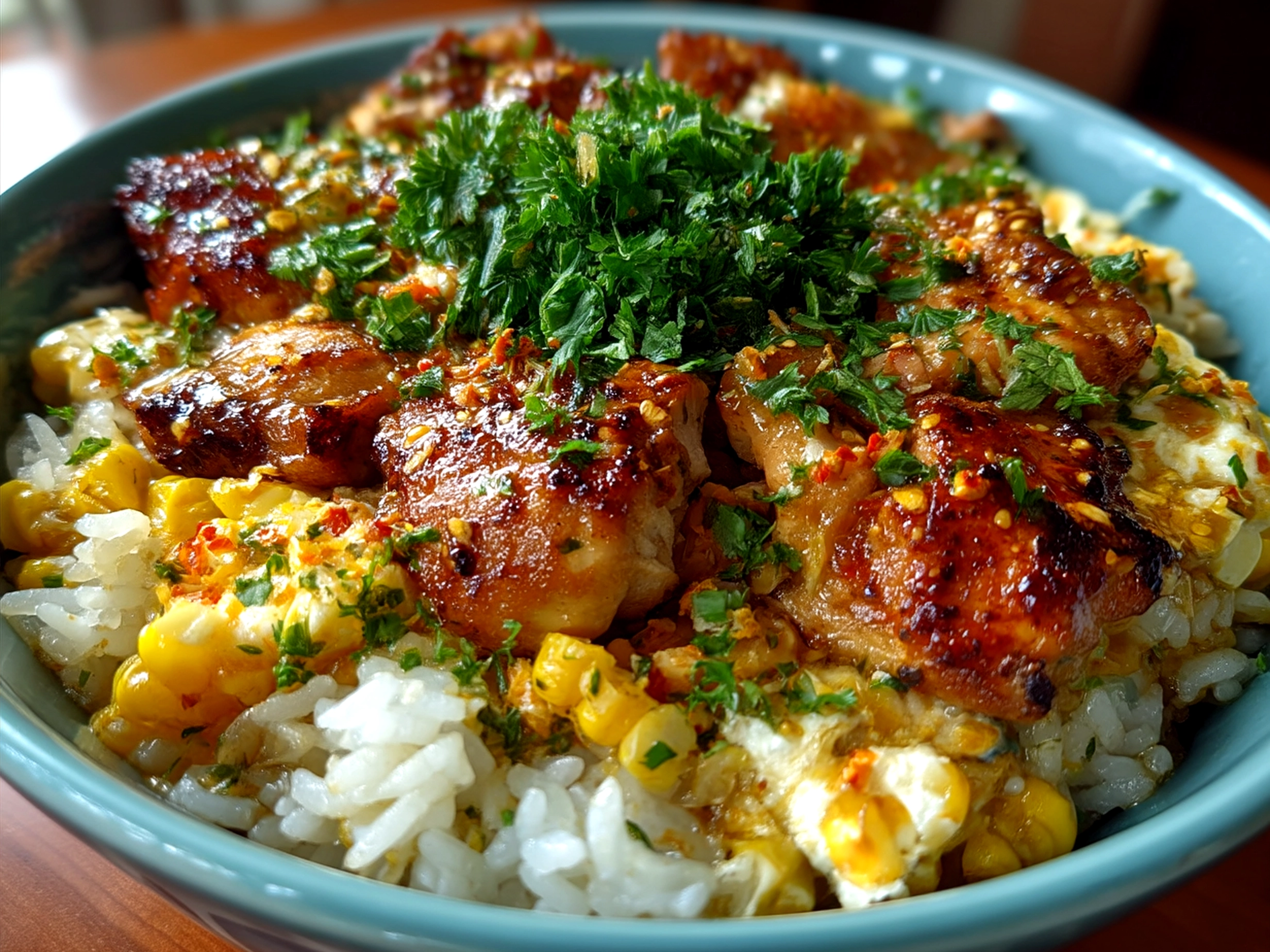 Plated Chicken Rice Bowl with Street Corn served with fresh cilantro garnish