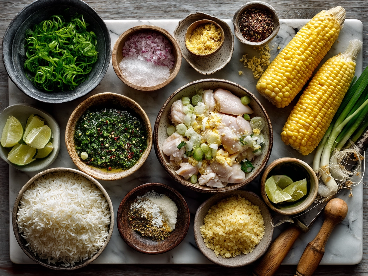 Ingredients for Chicken Rice Bowl with Street Corn including chicken breasts, corn, spices, and cheese