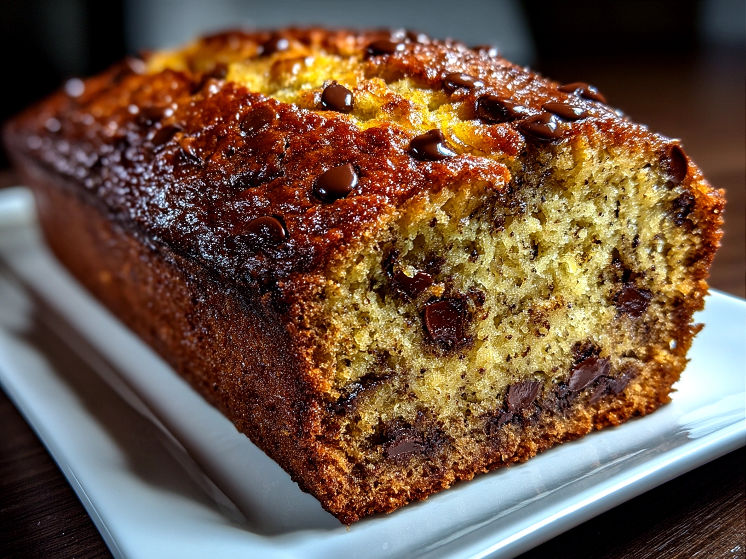 Sliced Chocolate Chip Banana Bread served on a rustic plate ready to enjoy