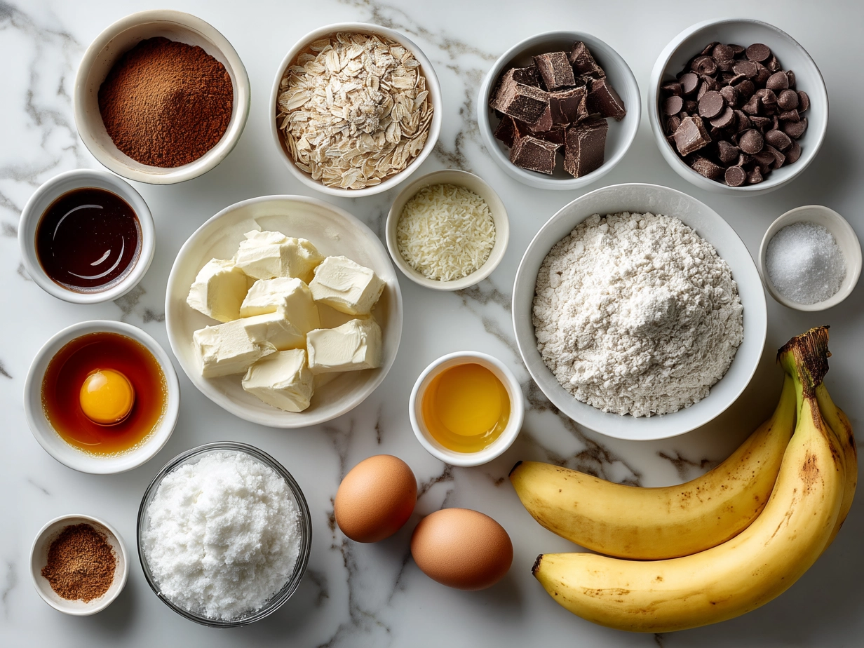 Ingredients for Chocolate Chip Banana Bread perfectly arranged on a wooden surface