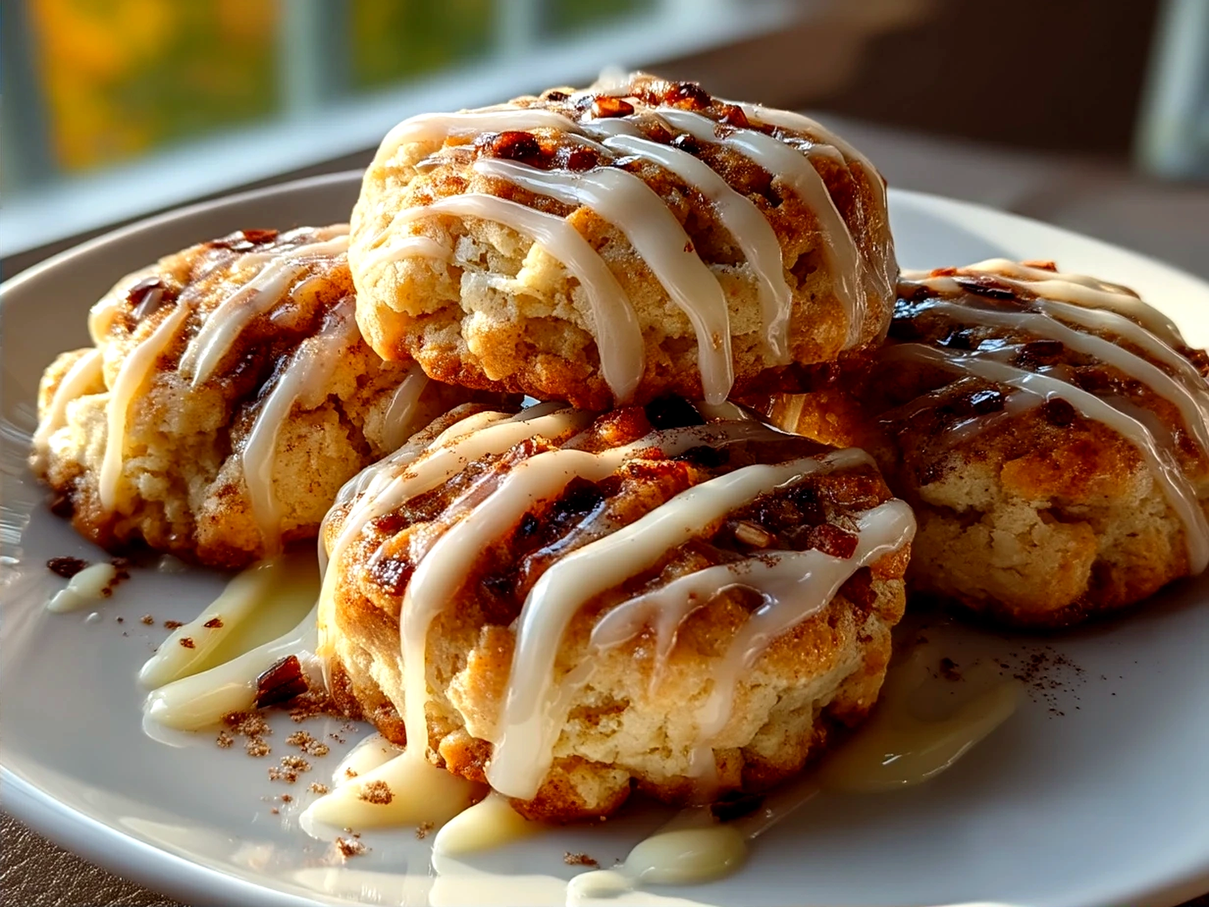 Freshly baked Cinnamon Roll Cheesecake Cookies arranged on a rustic wooden board