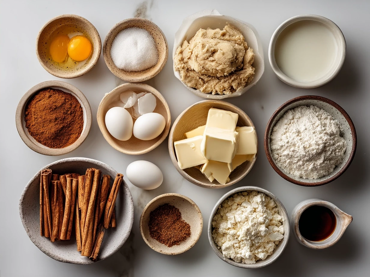 Ingredients for Cinnamon Roll Cheesecake Cookies, including flour, butter, cream cheese, cinnamon, and sugar