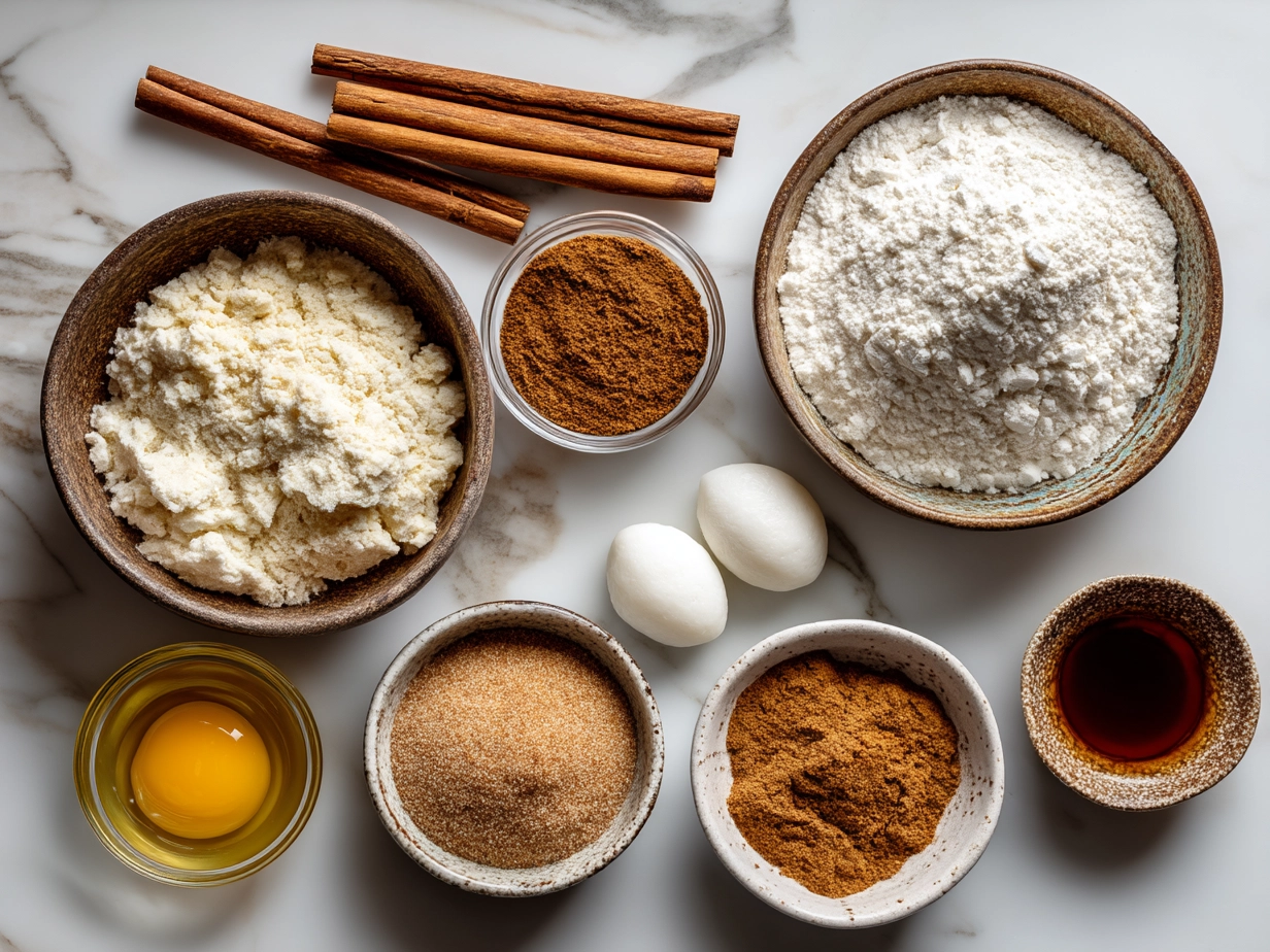 Ingredients for Cinnamon Sugar Snowball Cookies including butter, powdered sugar, vanilla, cinnamon, flour, and sugar