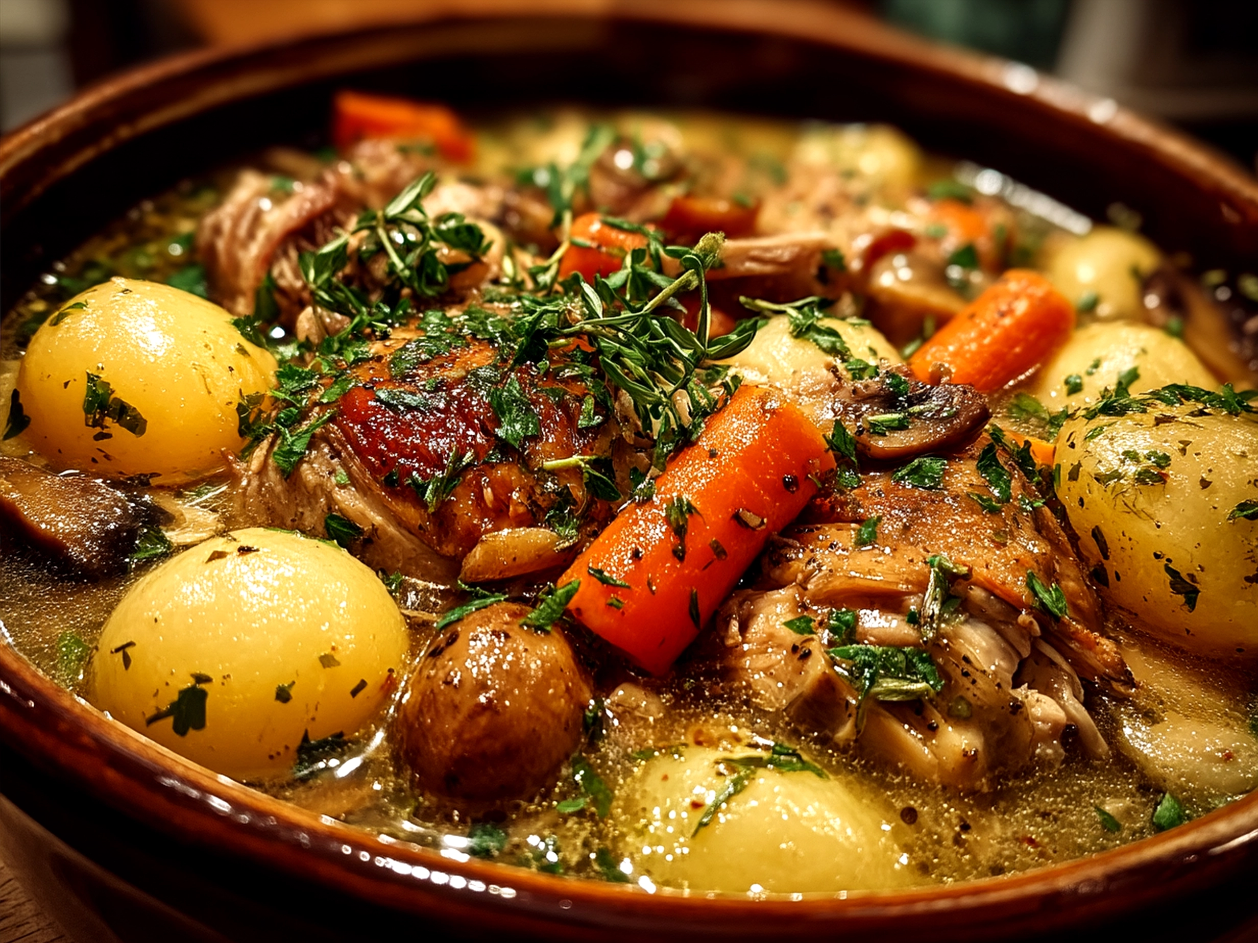 Served Coq au Vin Classic Chicken on a plate with mashed potatoes and greens