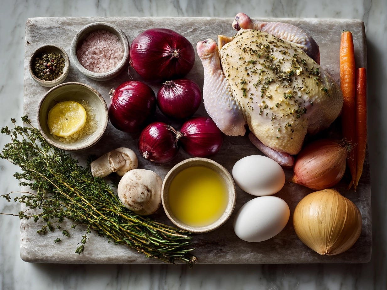 Ingredients for Coq au Vin Classic Chicken laid out on a table
