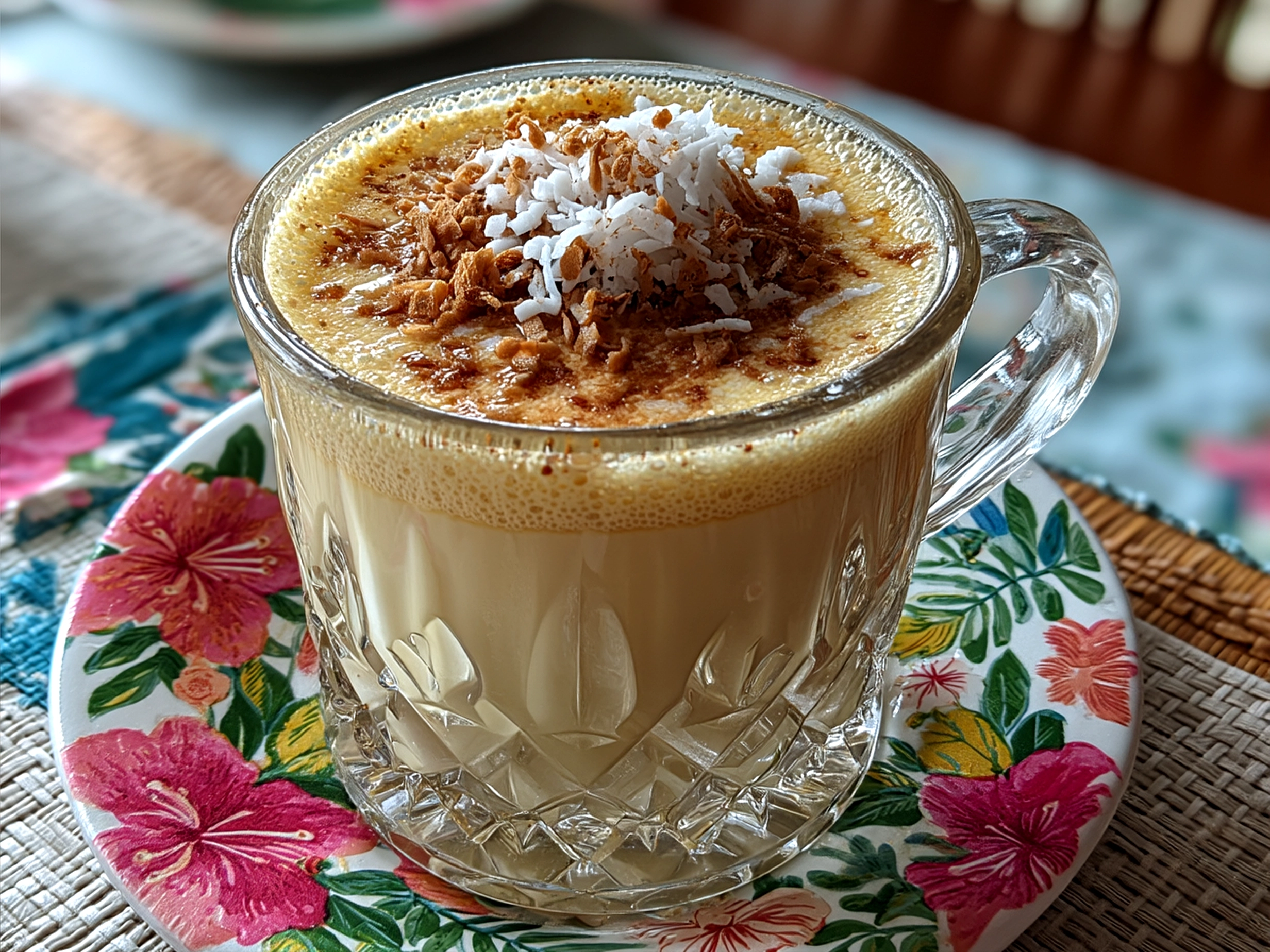 Serving glass of Coquito Puerto Rican Coconut garnished with a cinnamon stick