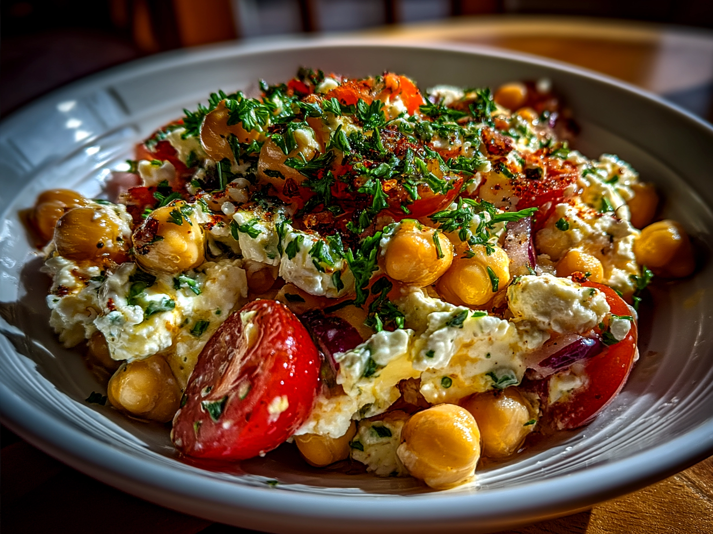 Freshly made Cottage Cheese and Chickpea Salad served ready to enjoy
