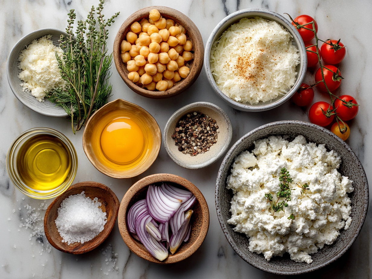 Ingredients for Cottage Cheese and Chickpea Salad including cottage cheese, chickpeas, cucumber, tomato, red onion, parsley, lemon, olive oil, and spices