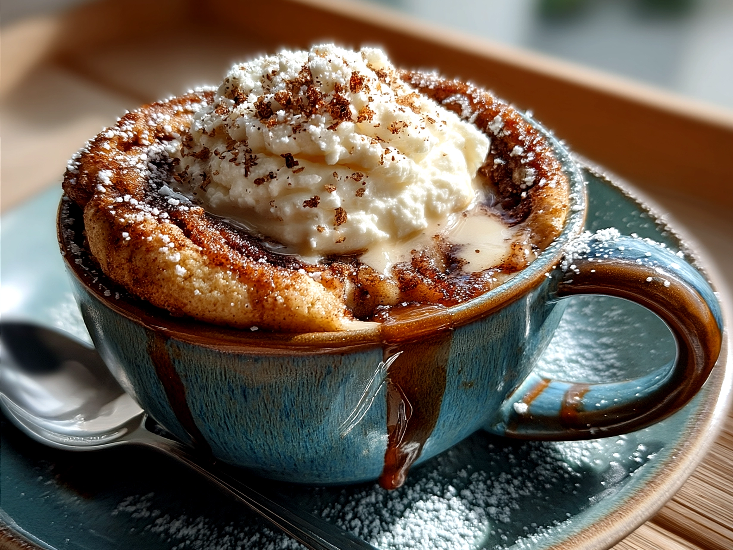 Final serving of Cottage Cheese Cinnamon Roll Mug Cake on a plate with a fork