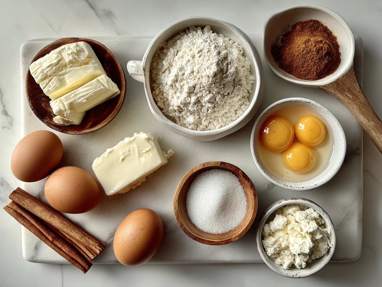 Ingredients laid out for Cottage Cheese Cinnamon Roll Mug Cake including cottage cheese, flour, cinnamon, and eggs