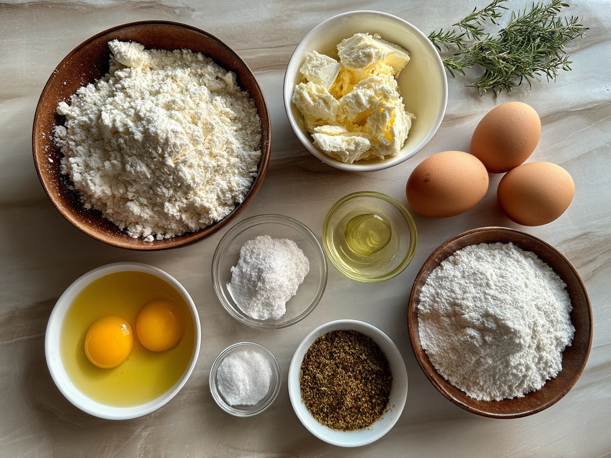 Ingredients for Cottage Cheese Cloud Bread including eggs, cottage cheese, coconut flour, and spices