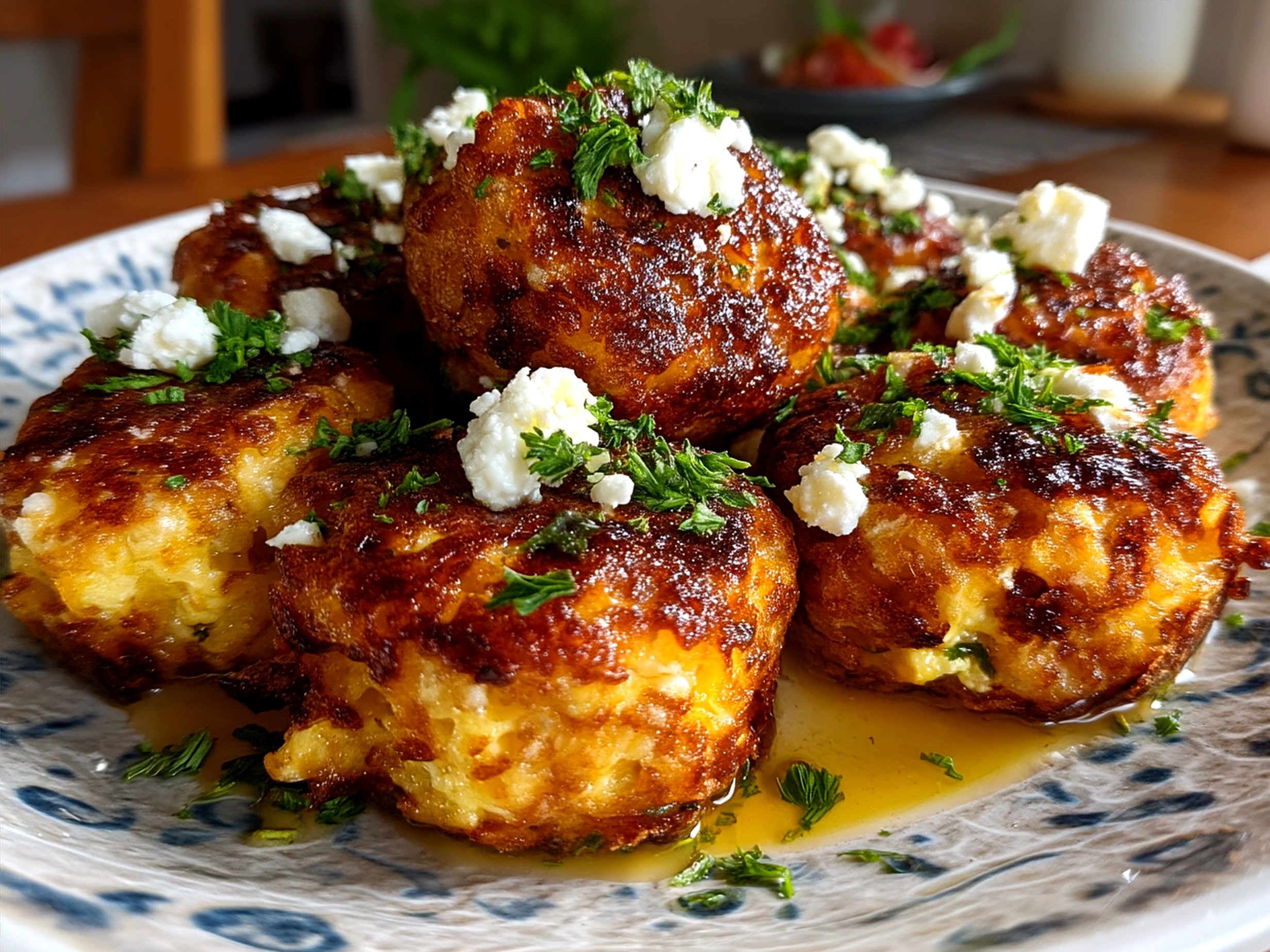 Beautifully served golden Cottage Cheese Tots on a colorful ceramic plate with dipping sauces