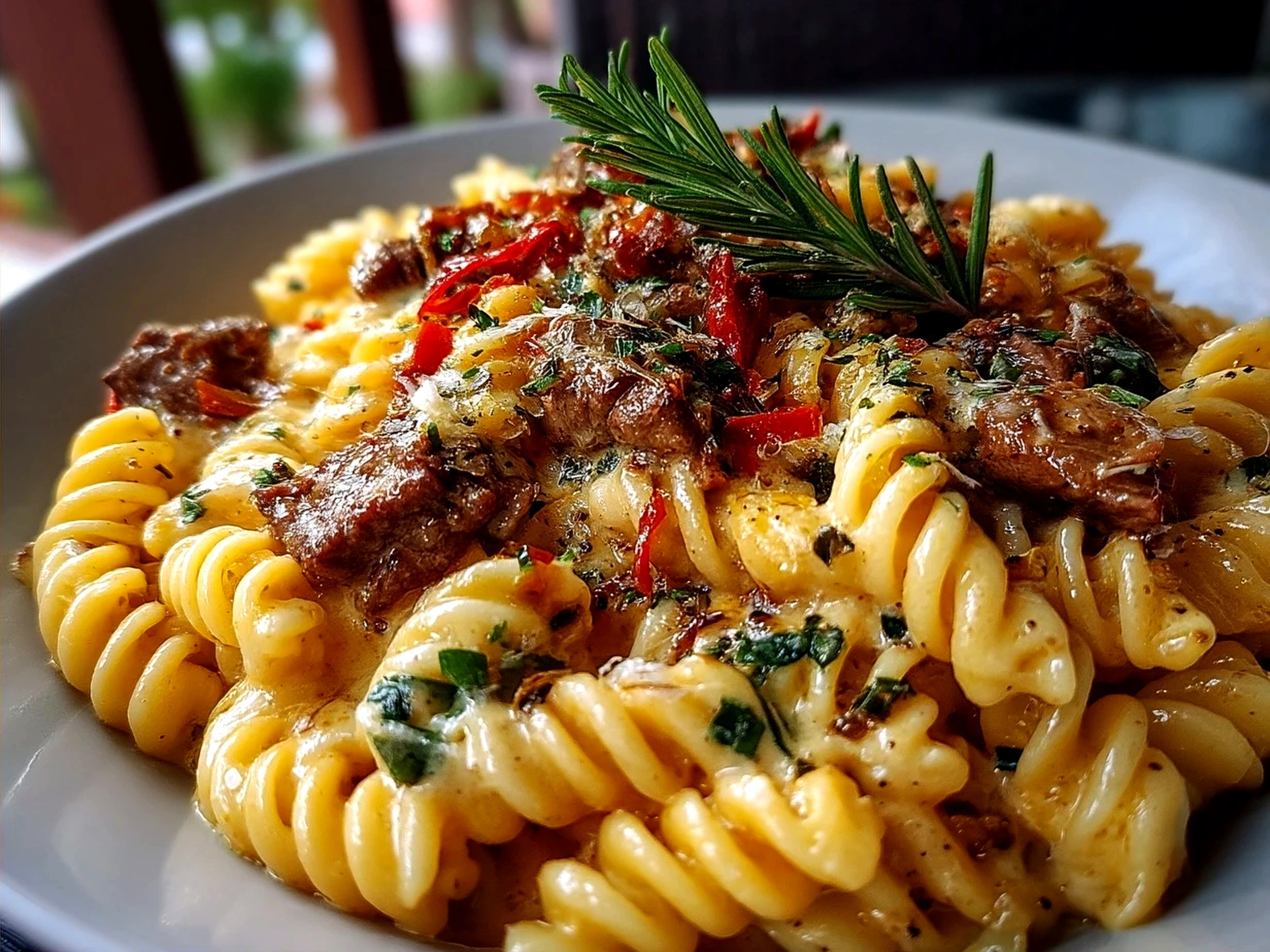 Creamy Beef Pasta served on a white plate garnished with parsley