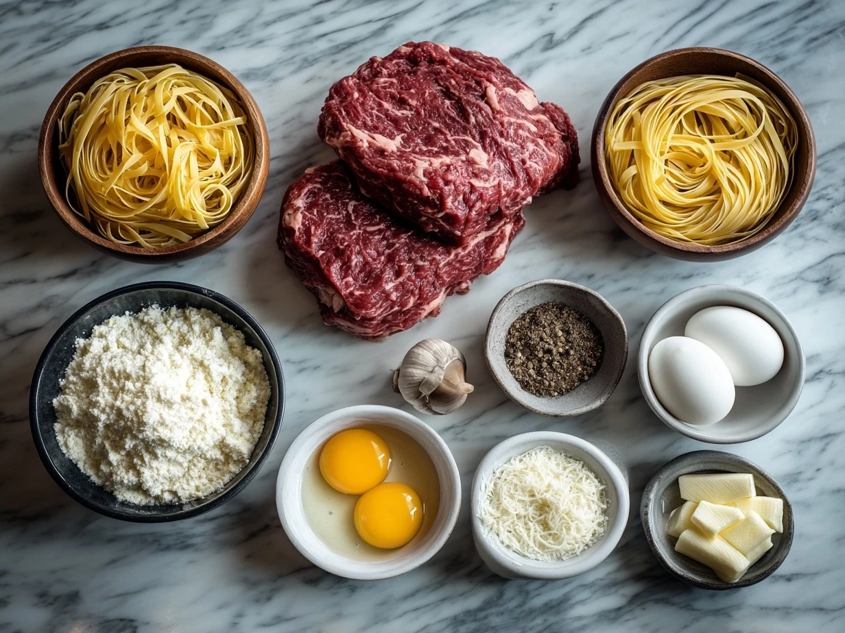 Ingredients for Creamy Beef Pasta arranged on a kitchen counter