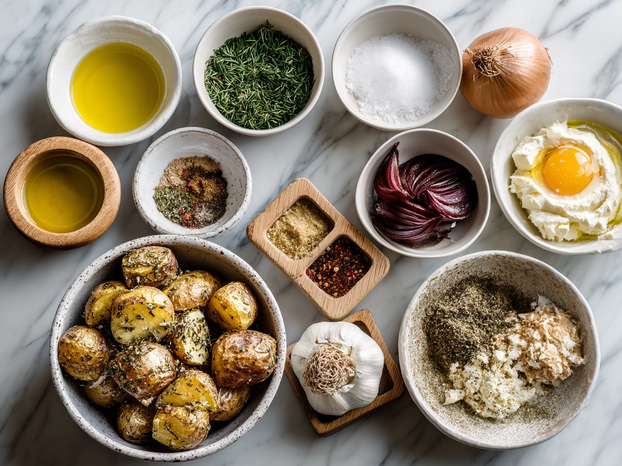 Ingredients for Crispy Herb-Infused Roasted Potatoes including potatoes, olive oil, herbs, and garlic
