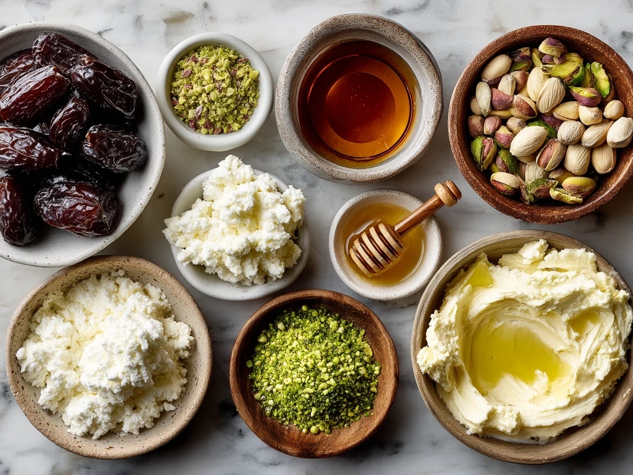 Ingredients for Dates Cream Cheese Pistachio Honey including dates, cream cheese, pistachios, honey, cinnamon, and sea salt