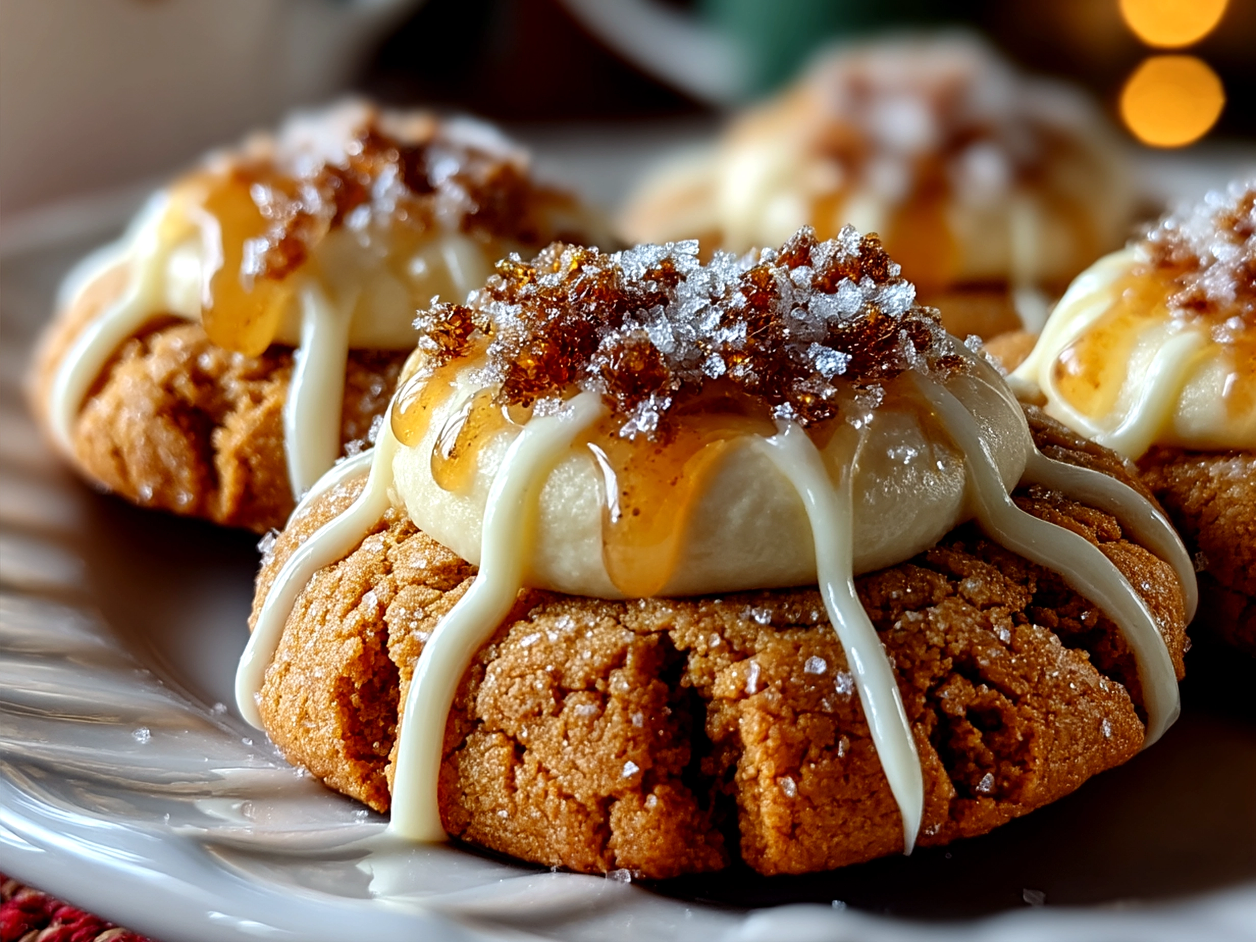 Serving platter of Eggnog Gingerbread Thumbprint Cookies garnished with rosemary and powdered sugar